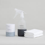 soda.c clear as glass cleaner + cloth + bottle