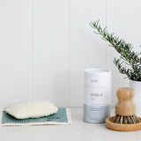 e.sup cellulose dish cloth + coconut fibre dish brush + dish loofah + soda.d dish cleaner and rosemary inside a vase