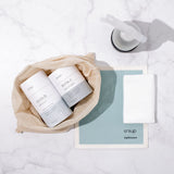 Natural unique powdered bathroom and toilet cleaner together with natural glass cleaner and biodegradable cloths