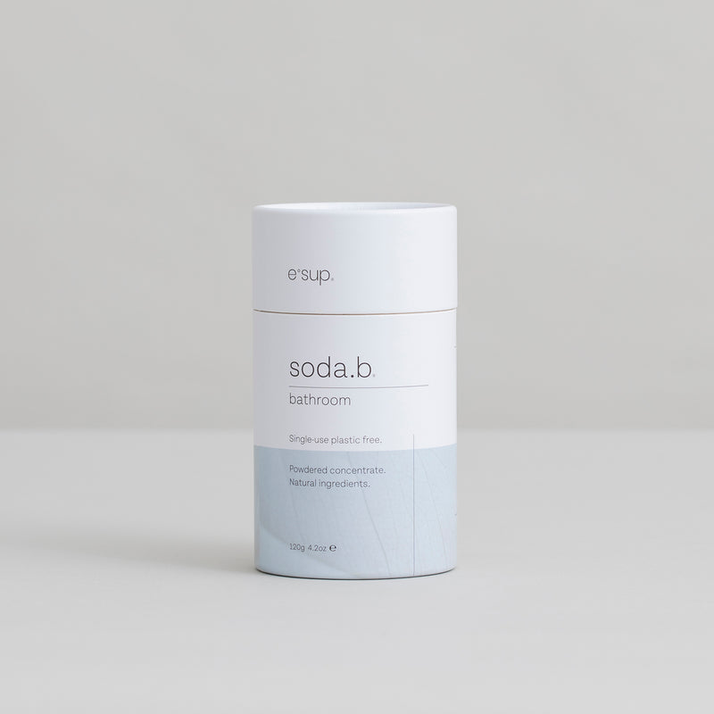 soda.b natural bathroom cleaner showing single-use plastic free and natural ingredients